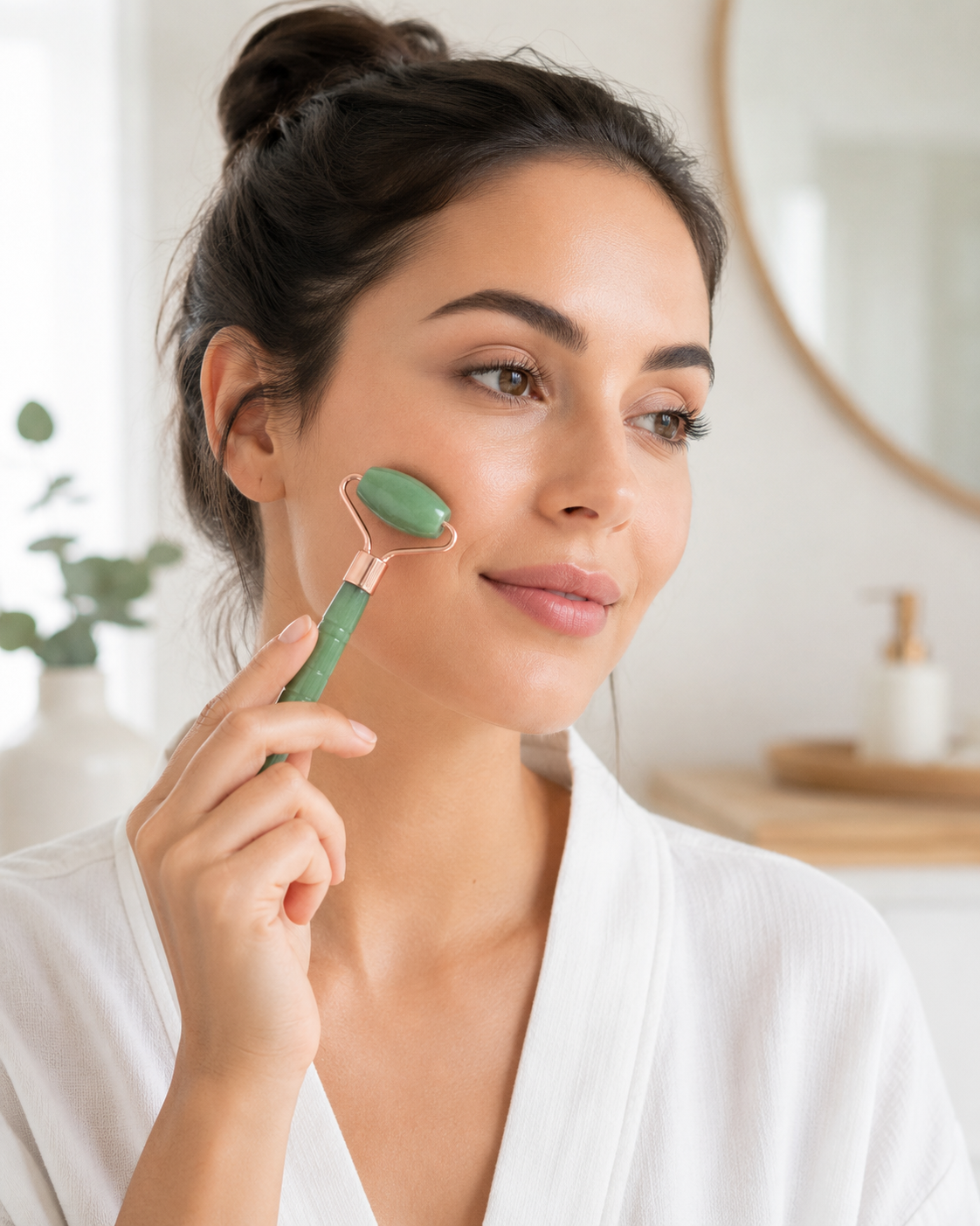 Woman using a green facial roller in a bathroom setting