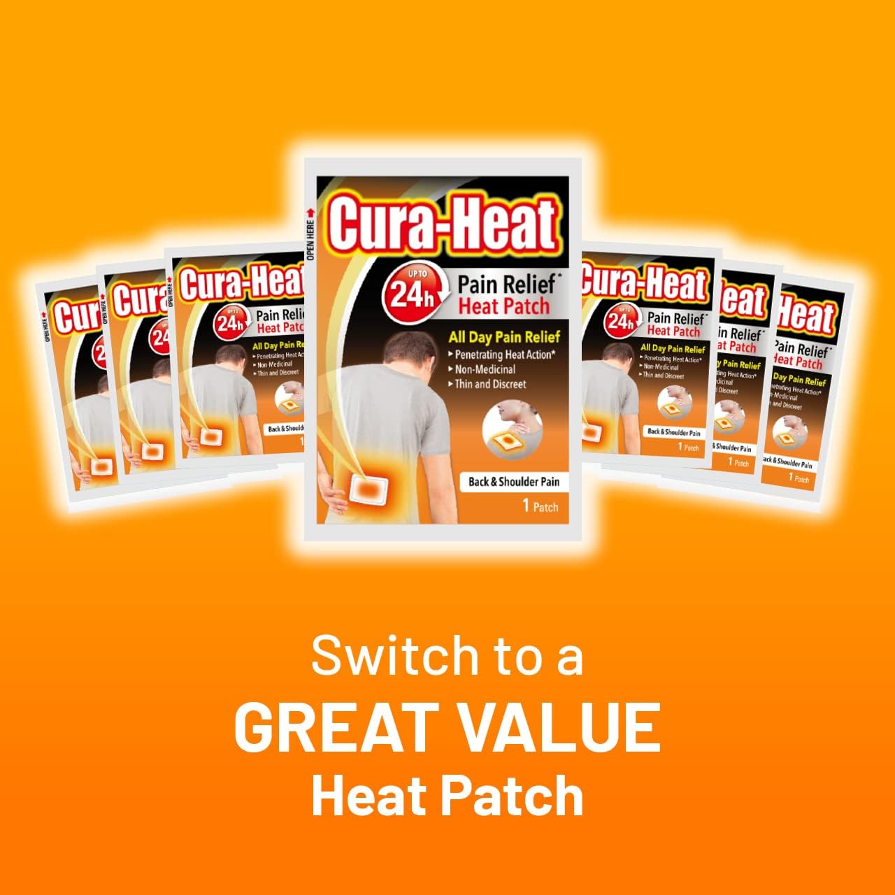 Cura-Heat pain relief heat patch packaging on an orange background with promotional text.