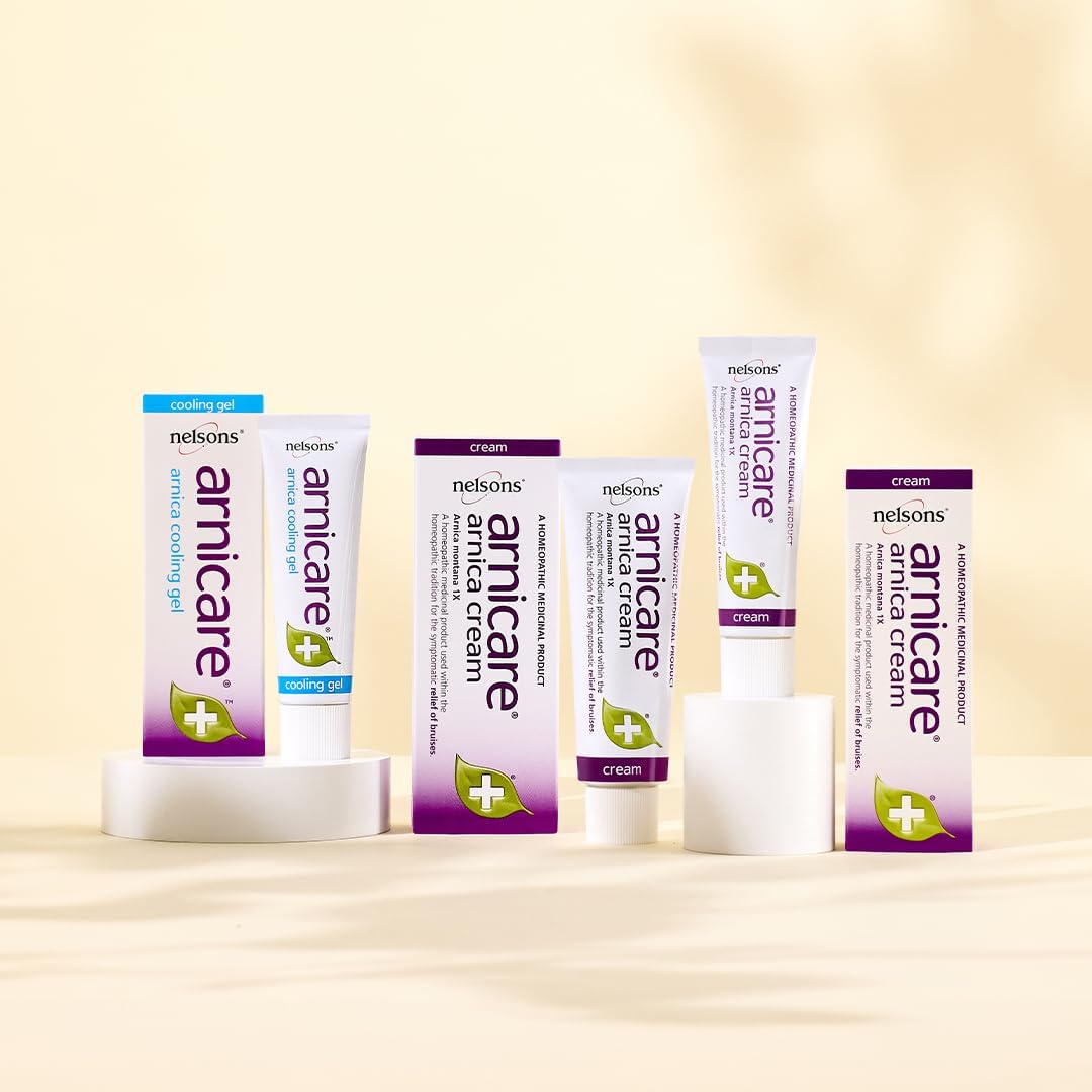 Various Arnica products from Nelsom on a beige background