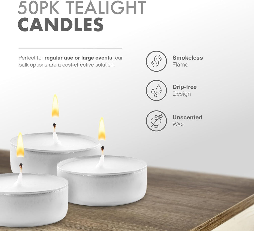 50 Unscented White Tea Lights – 4 Hour Burn, Smoke-Free