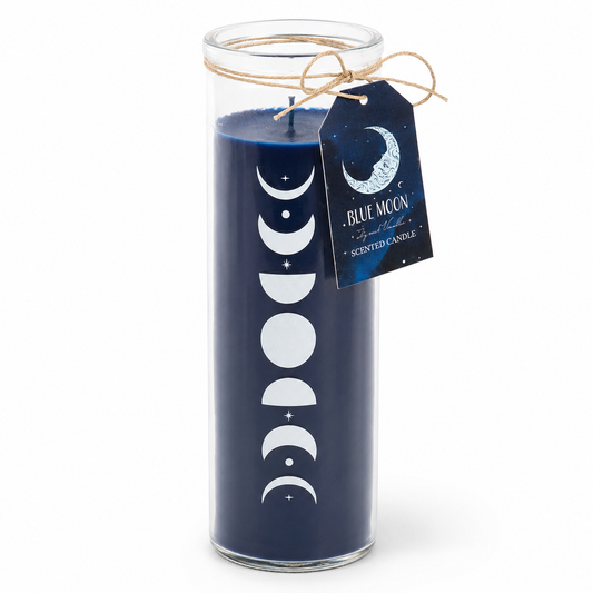 Blue moon scented candle with moon phase design and a tag on a white background
