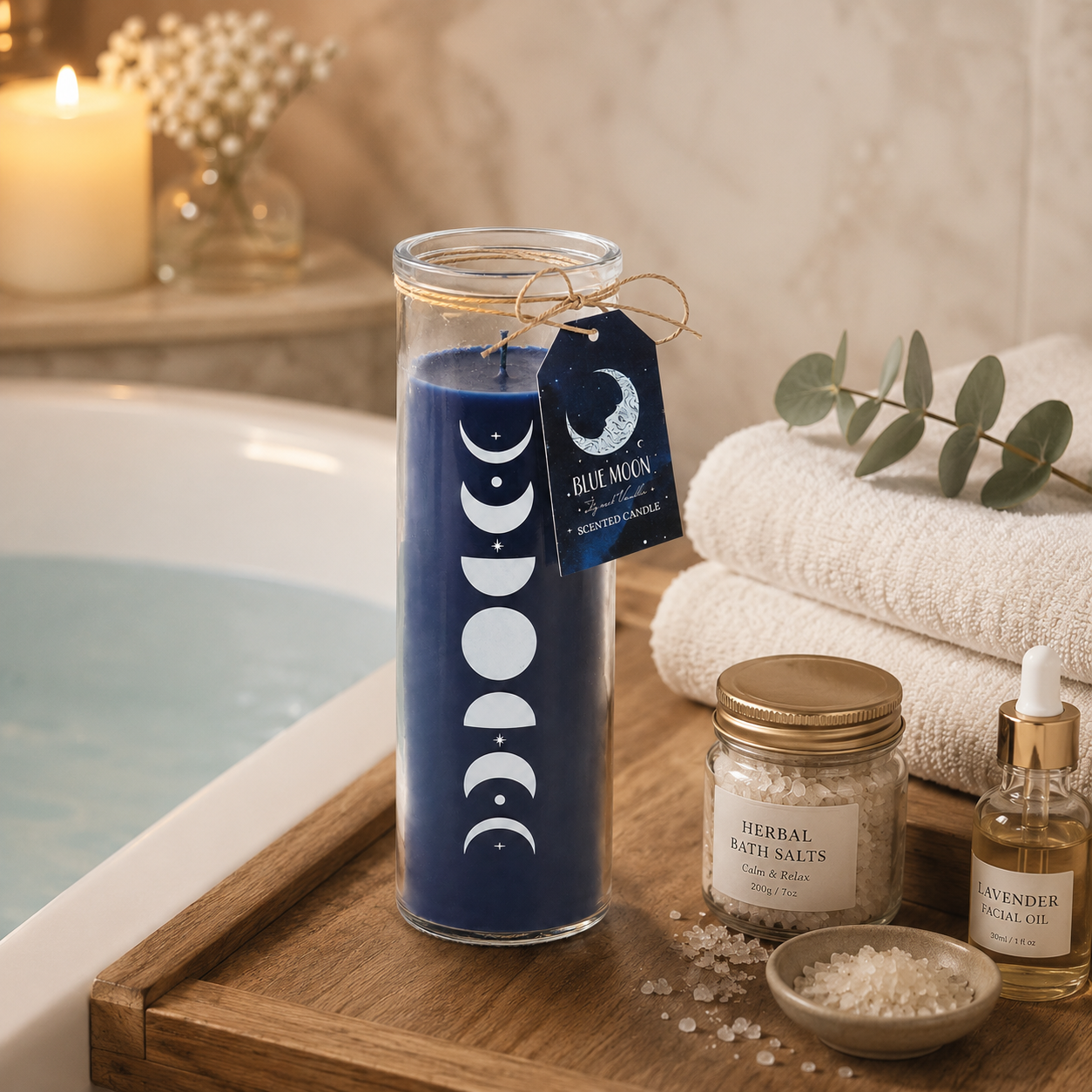 Blue moon candle with phases on a wooden tray next to a bathtub and spa items.