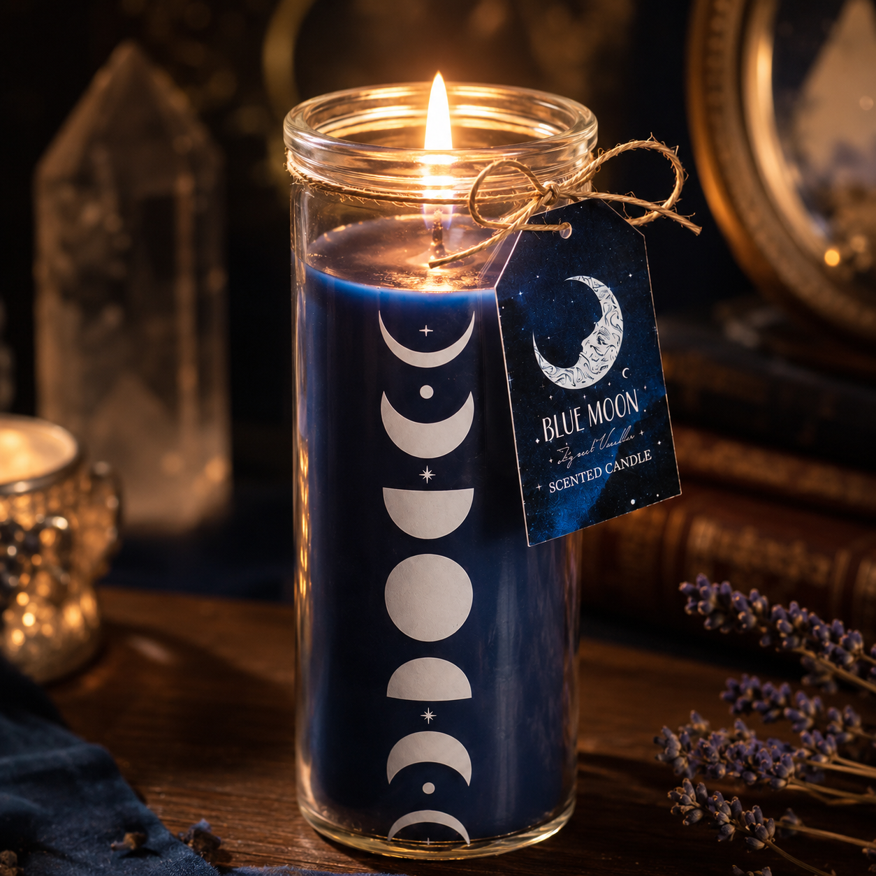 Blue moon scented candle with a label on a wooden surface with decorative elements.