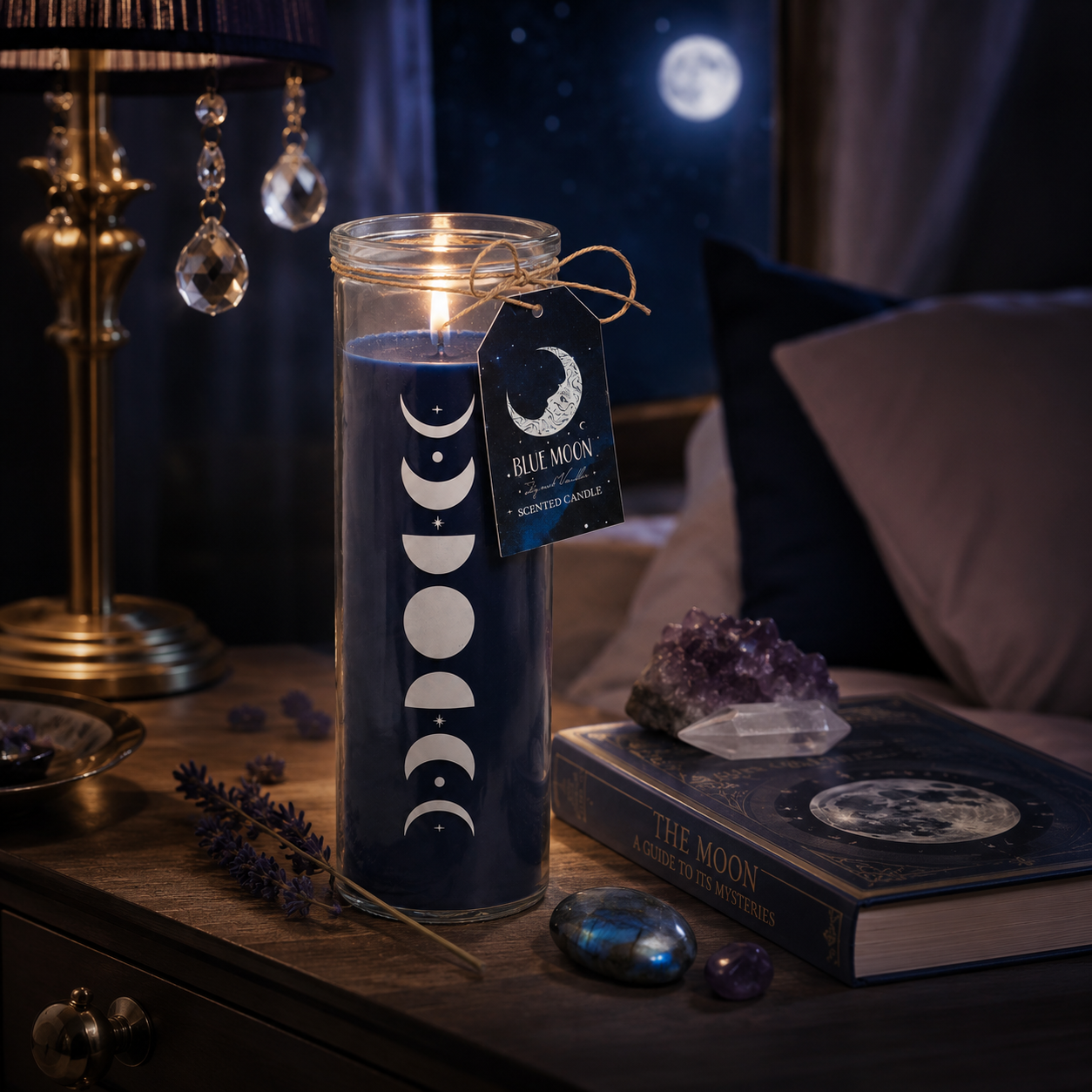 Decorative candle with moon phases on a table with books and crystals.