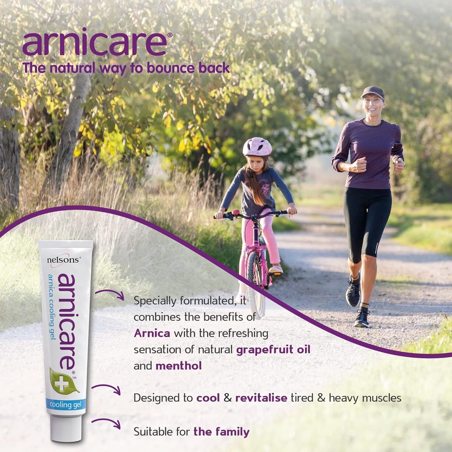 Woman running and child riding a bike on a path with arnicare product displayed.