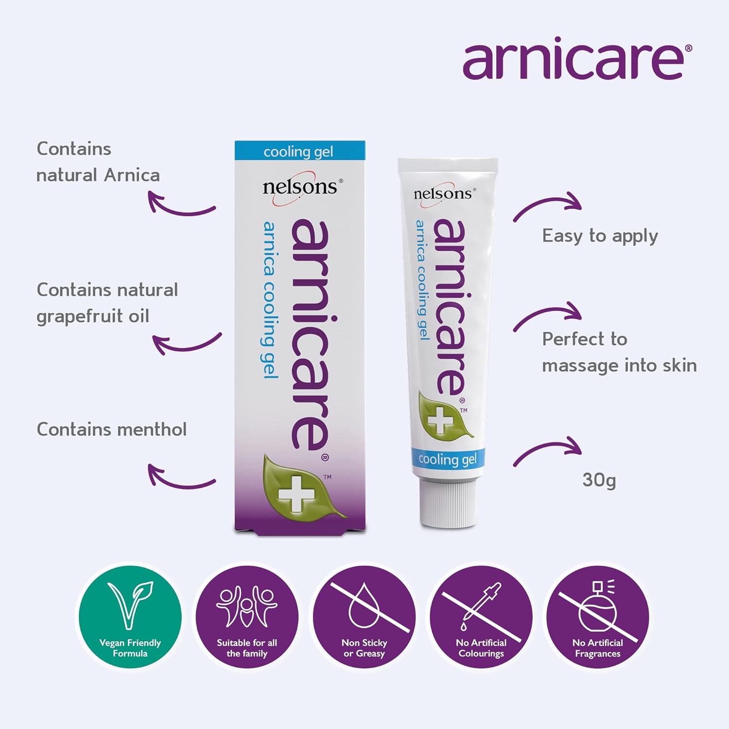 Arnica cooling gel packaging with product details on a white background