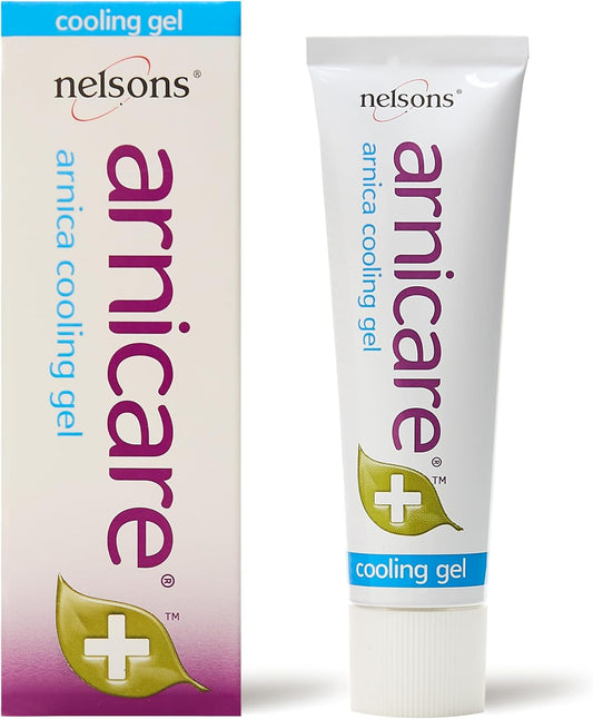Nelsons Arnicare Arnica Cooling Gel packaging and tube on a white background