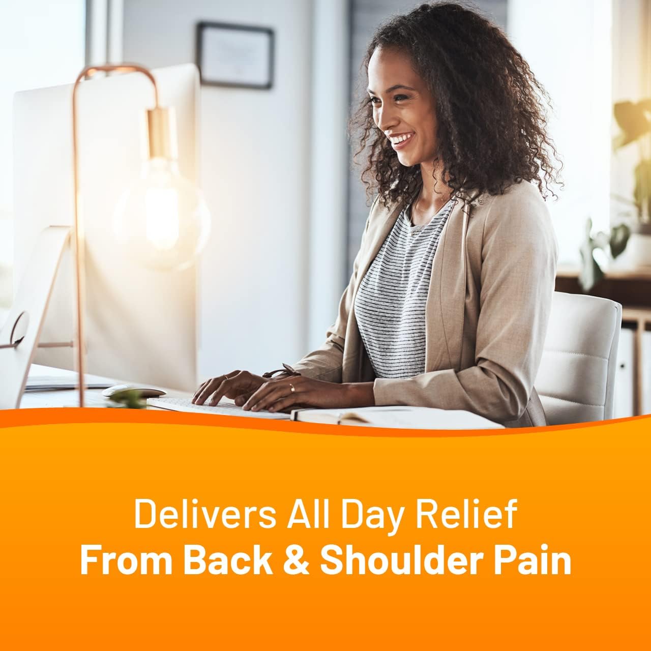 Woman sitting at a desk with text about back and shoulder pain relief.