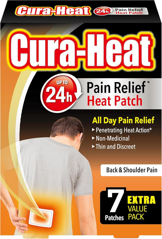 Cura-Heat pain relief heat patch packaging with a person using the patch on their back.