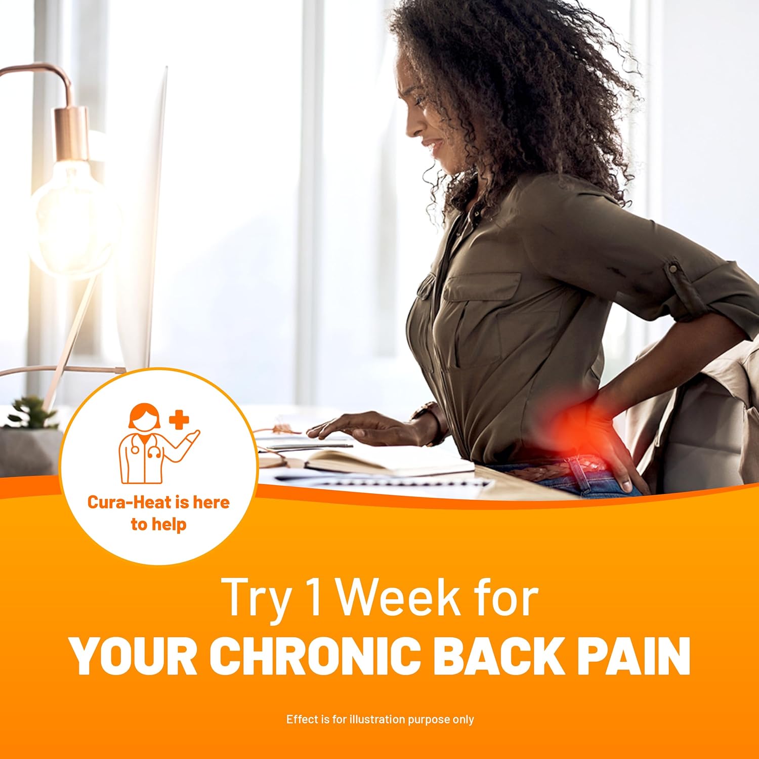 Woman with chronic back pain at a desk, with Cura-Heat product visible.