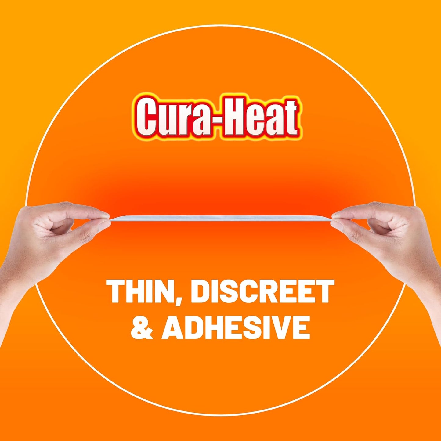 Cura-Heat thin, discreet, and adhesive product on an orange background