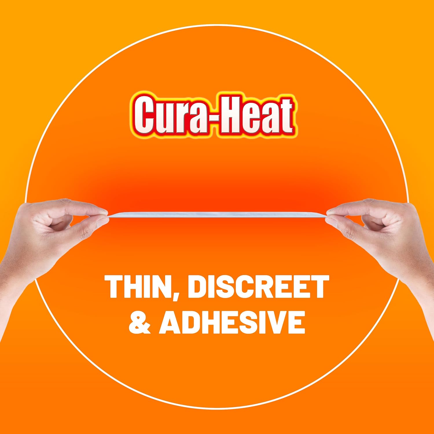 Cura-Heat thin, discreet, and adhesive product on an orange background