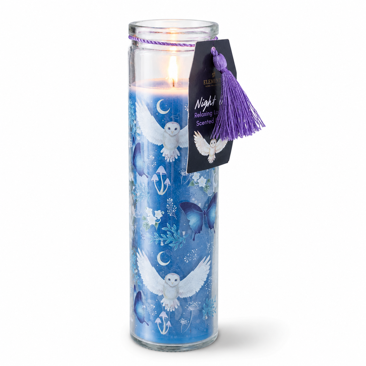 Decorative candle with owl design on a white background