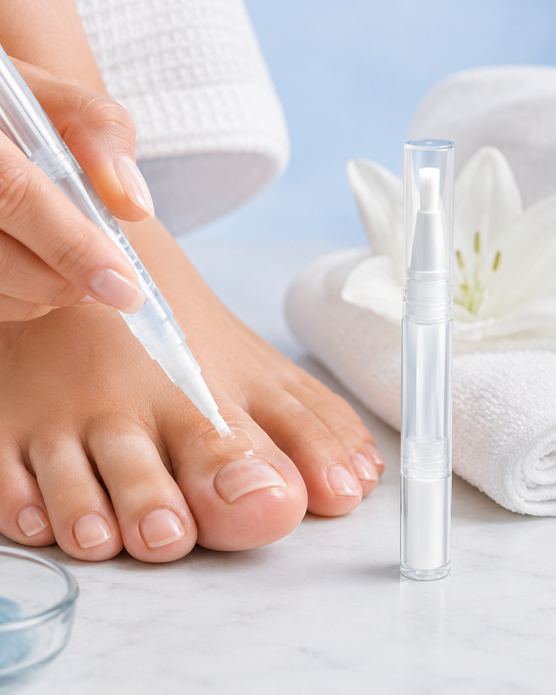 Close-up of manicured nails styled alongside Florence Quinn wellness and home fragrance products
