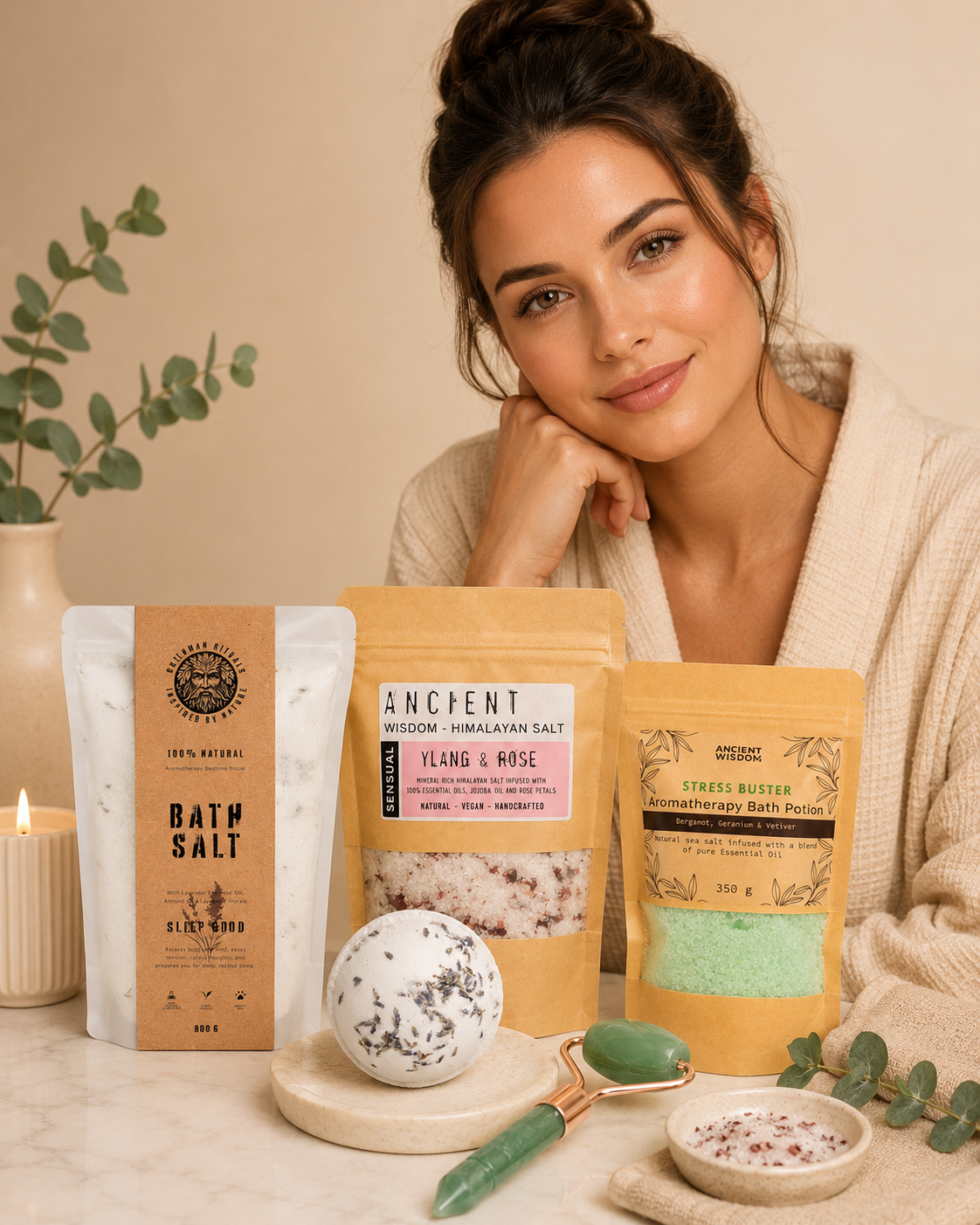 The Mineral Glow Ritual bath and skin kit contents by Florence Quinn