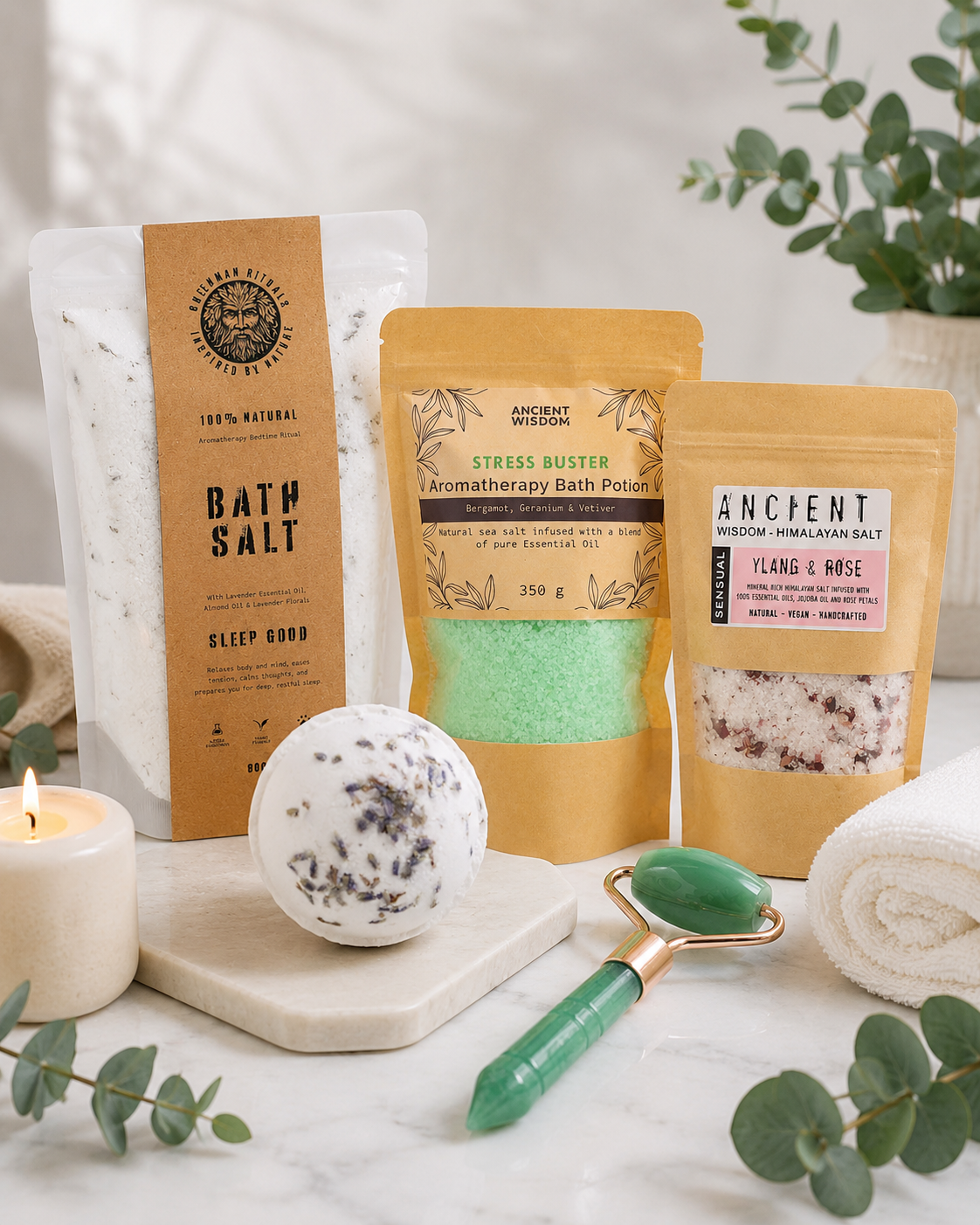 Mineral Glow Ritual Himalayan salt lavender bath salts and jade roller