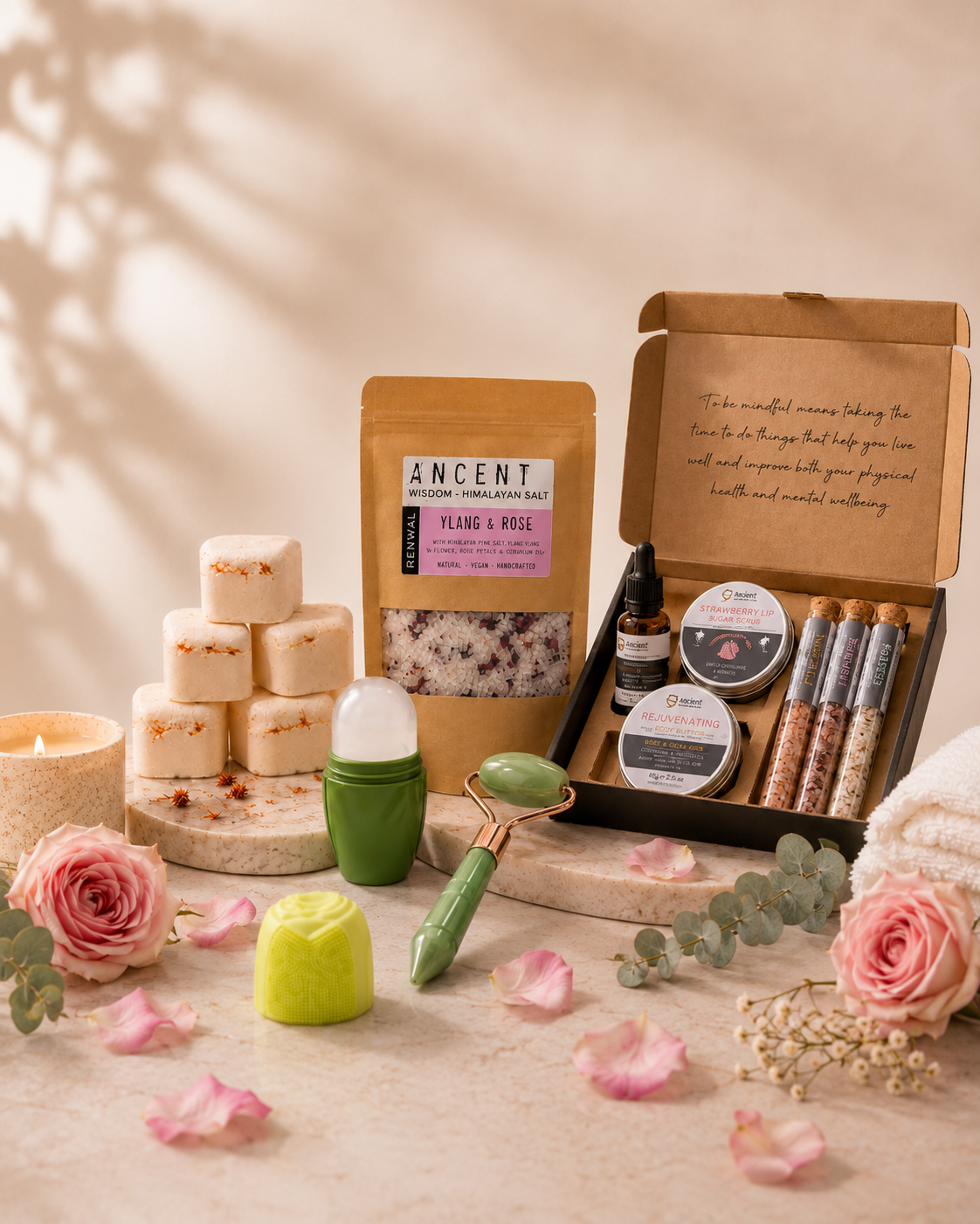A serene flat lay of Florence Quinn home fragrance and wellness products styled for everyday calm